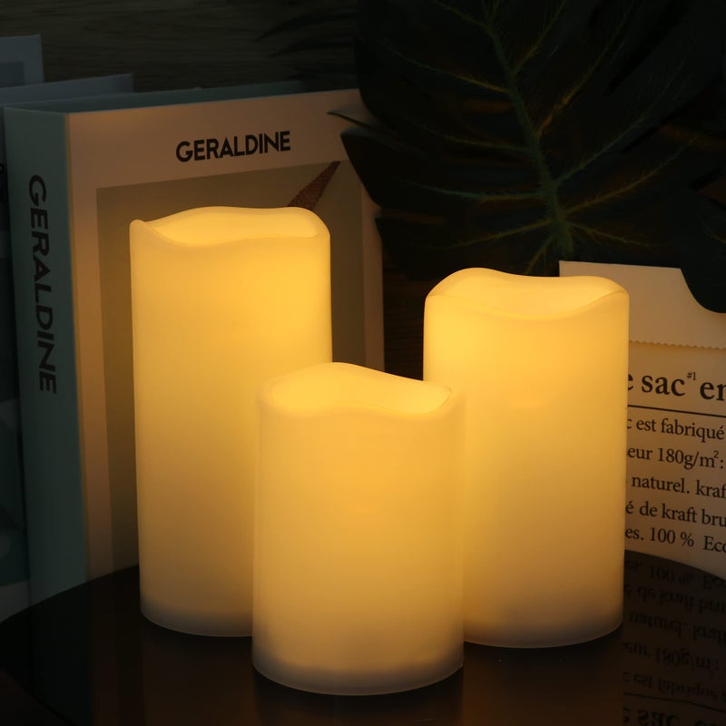 DRomance شموع DRomance الخارجية بدون لهب مع تأثير الوميض مقاومة للماء وحرارة، ضوء دافئ تعمل بالبطارية شموع عمودية LED مع مؤقت وجهاز تحكم عن بعد مجموعة من 3 (أبيض، 3" قطر × 4" 5" 6" ارتفاع)  - Image 3